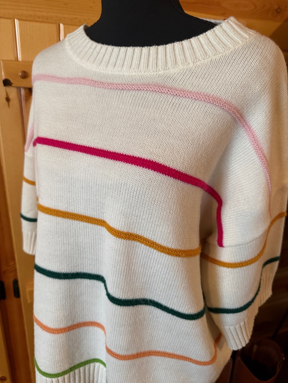 BiBi Cream Crewneck Sweater with Multicolor Stripe Accents - Picture 3 of 4